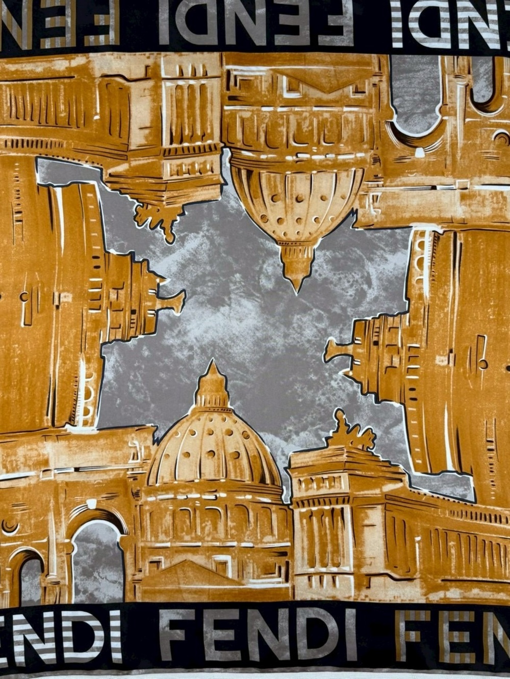Fendi Gold and Gray Architectural Motif Silk Scarf